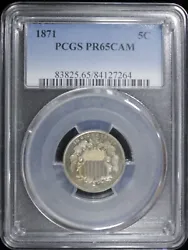 1871 PROOF SHIELD NICKEL, CERTIFIED BY PCGS AS PROOF, PR-65 CAMEO.