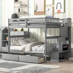 【Full over Full Bunk Bed with Stair】It contains a bunk bed, 2 drawers, and a storage staircase. Save space as well...