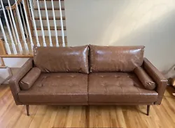 New Mid Century Modern Vegan Leather Sofa Vintage Style Couch Brown 3 Seater. Condition is New. Shipped with Standard...