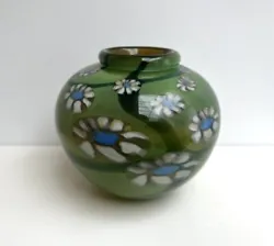 Offered here is a gorgeous mid-century art glass vase by Mark Peiser. Green glass with beautiful blue and white...