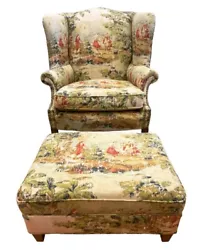 Stunning wingback chair and ottoman combo with new French toile fabric at $220/yd and nailheads throughout.Condition is...
