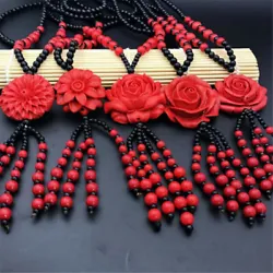 Matériel : cinabre. Cinabre perle taille : 8mm. 2xJade sculpté Lotus fleur pendentif collier perles corde chaîne...