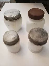 Antique Milk Glass Bottles Woodbury Ponds (4) W/lids. All 4 do not have any cracks, chips or break, have lids Great...