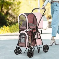 This double pink pet stroller has two layers. both cages has handles on each side ,each cage is removable can be used...