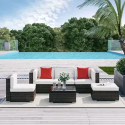 6 pieces of rattan sofa patio set including 2 corner chairs, 2 single chairs, 1 ottoman, 1 coffee table. Rattan Color:...