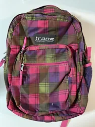 Trans by JanSport Backpack Bag Pink Purple Plaid. Pre-owned. Small tear in front.