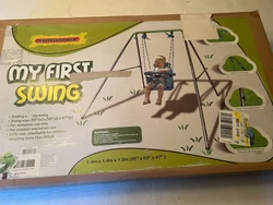 Baby Swing. Easy assembly. Fits in box if taken apart. Folds when not in use. Shoulder strap/ seat belt adjustable. Up...