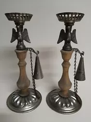 2-Vintage Cast Metal & Wood Candle Holder with Attached Snuffer & Eagle.