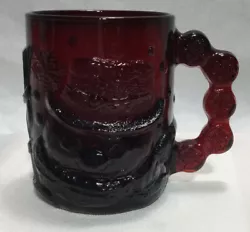 Vintage Ruby Red Snowman Glass Mug/Cup Arcoroc France 3D Face Snowflakes BroomNice solid weightUsed…. Excellent...