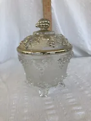 Vintage Jeanette Clear Glass Footed Candy Dish with Lid Gold Trim Rim Grapes.