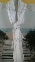 Made of 89% Cotton & 9%, 2% other fibers. White with a wider Gray stripe & both gold & silver pinstripes woven in....