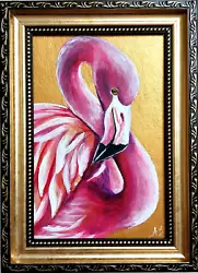 Original Flamingo on a golden background. Flamingo is an original miniature artwork. ✔ Title: Flamingo. This painting...