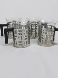 4 pc Bodum Eileen stainless steel Clad Glass Espresso Bistro 6oz Cups. Mugs are inspired by the Irish designer Eileen...