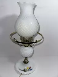 Vintage White Hobnail Milk Glass Boudoir Hurricane Lamp Hand Painted Flowers.