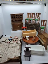Vintage Dollhouse House Furniture And 2 Children Dolls.   Found at an estate sale.  Could not find to much information...
