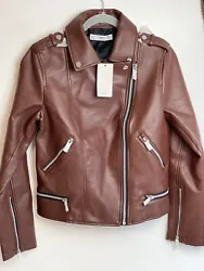 MNG by Mango Women’s M Cazadora Liz Brown Faux Leather Moto Jacket Zip Closure.