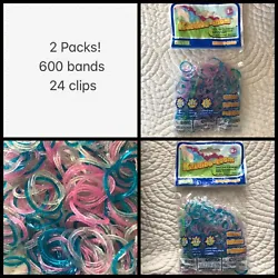 Loom rubber band Refill lot 600 Jelly Glitter rainbow Pink Blue Clips Hooks. 600 bands total! Receive 2 packs of clear...