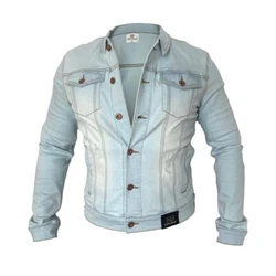 : Classic slim fit distressed trucker jean jacket with great stretch, 4 exterior pockets, Button up front closure. :65%...