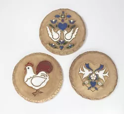 JC Stoneware Pottery 3 Handmade Ceramic Trivets/Wall Plaques Dive/Rooster 5 5/8”. Excellent condition. No chips,...