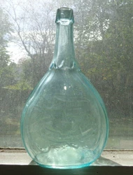 Antique aqua glass flask bottle. Masonic union clasped hands. Eagle with flag and banner. Concave seam base. Excellent...