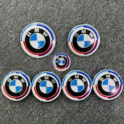 7Pcs Front Hood Emblem For BMW 50th Anniversary Logo 82mm+Rear Badge 74mm+Wheel Hub Cap 68mm+Steering Wheel Sticker...