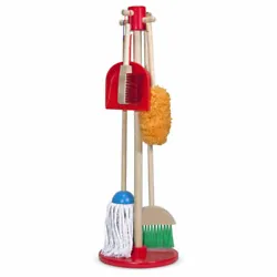 Includes broom, mop, duster, dustpan, brush, and storage stand. Item # 8600. 6-piece cleaning set for hours of pretend...