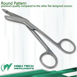 Bandage scissors have angled blades with one blunt end safety tip on the bottom blade. The blunt tip design of the...