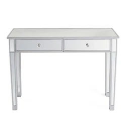 This is our 2 drawers glass mirrored accent side table, which has a beautiful appearance. With its mirrored finish, it...