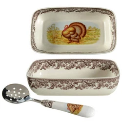Spode Woodland Cranberry Bowl & Stainless/Ceramic Server Multicolor.
