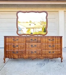 French Provincial Louis XV Style Cherry Triple Dresser 9 Drawers | Mirror Included | Local Pickup Only. ASSEMBLY: This...
