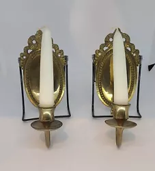 Pair Vintage Brass Wall Mount Candle Holders India w/ Candles.