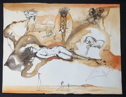 Original pencil ( characters outlined in pencil) a technique employed by Dali, ink, watercolor painting on paper.,.