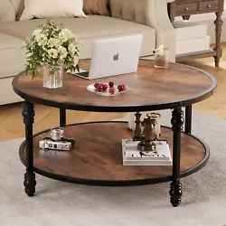 Round Coffee Table Rustic Center Table with Storage Shelf for Living Room.