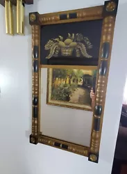 Vintage Hitchcock Furniture Federal Style Carved Wood Gold & Black Mirror 1950 With Reverse Painting In Good condition...
