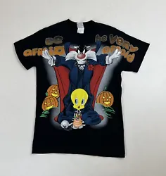 Rare Vtg 1998 Looney Tunes Sylvester the Cat Tweety Bird All-Over Graphic Halloween T-Shirt Sz S Adult Youth. Tee is in...