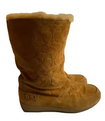 Coach Signature PullOn Suede FauxFur Lined Golden Logo Mid-Calf Boots Tan Sz. 8 Lightweight boots Conditions good...
