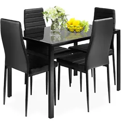 Color: Black  Table Material: Metal Frame And Glass Table  Chair Material: PVC+Sponge+Metal  Table...