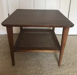 VTG MCM Side Table 2-tier wood formica top caned tier 19x19x15” tallDanish style. Very unique!Very good...