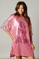 Sequin short sleeves. -Graphic print. Flowy fit. Order your normal size or size down if you want the dress shorter....