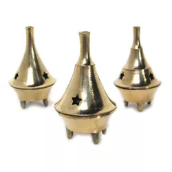 A two-piece brass incense burner for cones. Small and solid, it keeps ash and heat away from your altar or tabletop....