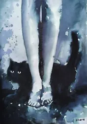 Chat noir aux pieds de sa Maîtresse n°5 :variante de la série Chat noir dans les bras de sa Maîtresse.