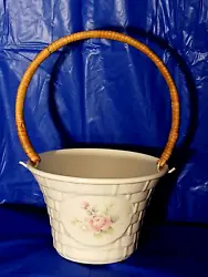 Basket Weave Pattern With Wicker Removeable Handle, Easter Basket. Pfaltzgraff Tea Rose Ceramic Basket. Ceramic Basket...