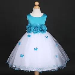 Beautiful butterfly petal accents with matching removable flowers. Ruffled tulle skirt hem. Double layered tulle skirt...