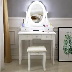 Our dressing table and stool set is simple and stylish with a modern aesthetic. Soft yet sufficient lights will help...