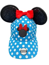 Disney Minnie Mouse Ears Hat/ Cap, Blue Polka Dots with Red Bow. Adult size, SnapBack adjustable. NWT. See pictures for...