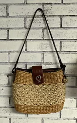 Brighton Woven Straw-Leather Bucket Tote Purse Shoulder Bag Tan Brown. Very good condition