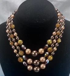 VINTAGE JAPAN Browns/Amber/Peach Tone 3 Strand Necklace Exquisite 18” C661