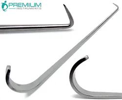 The single, right angle hook is used to lift the trachea so an incision can be made. This product has a straight shaft...