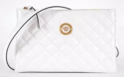 New with Tags Style: DNAR3S Soft Quilted White Leather Golden Medusa Head Plaque Zip Close Adjustable Crossbody Strap...