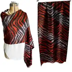 Beautiful fine WOOL zebra print scarf/wrap in a unique black, rust, & gray mix. Light and soft. Excellent condition!...